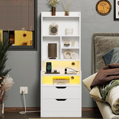 Charging Nightstand Set of 2 with LED Lights,Tall Night Stand with Bookshelf,Bedside Table with Drawers