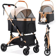 Dog Buggy 2 in 1 Stroller Dog Box Transport Foldable Cat Stroller, 360° Wear-resistant Rubber Wheels, with Storage Basket, 40kg