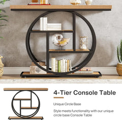 Console Table, Industrial 4-Tier Sofa Table Entryway Table with Circle Base, Narrow Wood Accent Tables with Sto