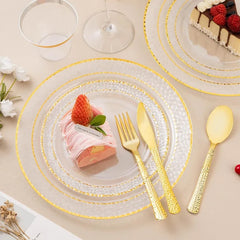 350PCS Clear Plastic Plates with Gold Trim for 50 Guests, Disposable Dinnerware Set for Party & Wedding, Includes 100 Plastic