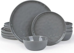 Dinnerware Sets for 4, Ocean Round 12-Piece Kitchen Plates and Bowls Sets, Reactive Glaze, Microwave and Dishwasher Safe,