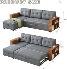 Pull-Out Couch with Storage Chaise and Armrests, Convertible Sectional Sleeper Sofa Bed with Removable Back Cushions