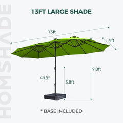 Double Sided Patio Umbrellas - 13ft Solar Lights LED Lighted Outdoor Extra Large Market Table Umbrella with Base Included