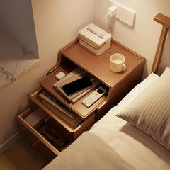 Solid Wood Nightstand with Drawers, Walnut Bedside Table for Bedroom