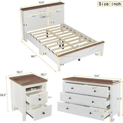3-Pieces Bedroom Sets Queen Size Farmhouse Platform Bed，Double Sliding Door Storage Headboard,Storage Nightstand and Dresser