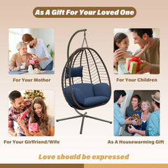 Egg Swing Chair Wicker Rattan Hanging Chair with Stand 350lbs Capacity W/Strong Frame & Dark Blue Cushions, Hammocks
