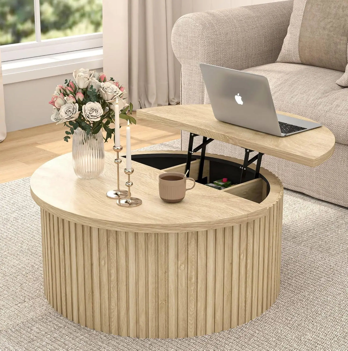 Lift Top Coffee Table with Storage, Round Coffee Tables for Living Room, 34.6In Farmhouse Fluted Coffee Table, Wood Center Table