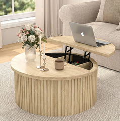 Lift Top Coffee Table with Storage, Round Coffee Tables for Living Room, 34.6In Farmhouse Fluted Coffee Table, Wood Center Table