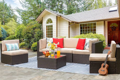 6 Piece Small Patio Furniture Sets, All Weather PE Wicker Rattan Outdoor Sectional Sofa with Glass Table, Cushions and Pillows