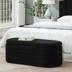 Modern Oval Storage Ottoman Bench – Upholstered Boucle Teddy Fabric with Hidden Storage, Black