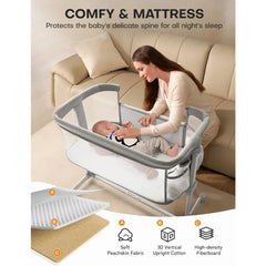 Baby Bassinet Bedside Sleeper,All Mesh Bedside Bassinet for Newborn Infant with Comfy Mattress, 7 Height Adjustable Bedside Crib