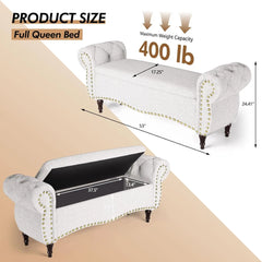 Storage Ottoman Bench, 53" Length Upholstered Benches, Tufted Bed Benches with Rolled Arm and Nailhead Trim, Bench