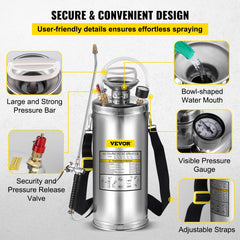 VEVOR 2Gal Stainless Steel Sprayer Hand Pump Sprayer with Pressure Gauge&Safety Valve Adjustable Nozzle for Gardening Sanitizing