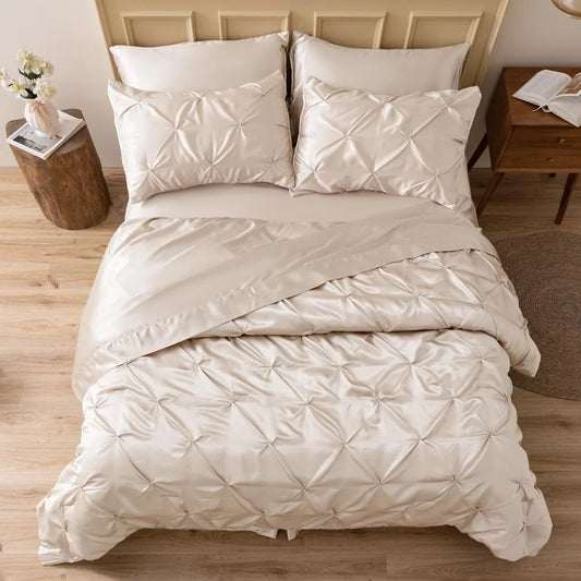 MR&HM Satin Comforter King 7 Pieces - Luxurious Pinch Pleat Bedding Set with Comforter, Flat Sheet, Fitted Sheet, Pillowcases &