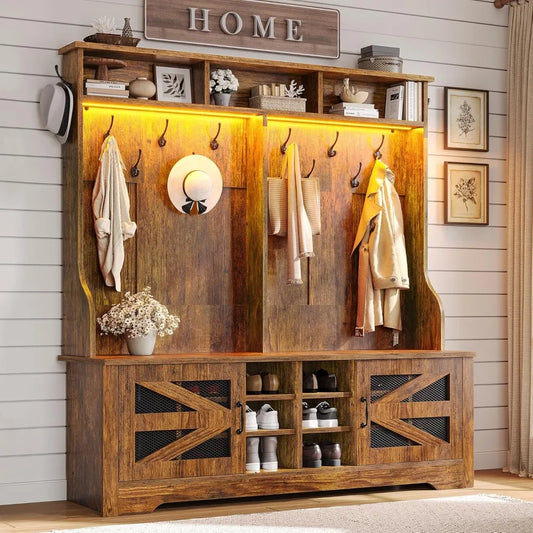 Hall Tree with Bench and Shoe Storage, 5-in-1 Entryway Bench with Coat Rack, 16 Shoe Cubbies & 12 Coat Hooks, Barn Door & Adjus
