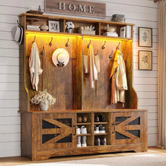 Hall Tree with Bench and Shoe Storage, 5-in-1 Entryway Bench with Coat Rack, 16 Shoe Cubbies & 12 Coat Hooks, Barn Door & Adjus