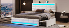 Queen Bed Frame with Drawers, LED Bed Frame with Charging Station, Pu Leather Platform Bed Frame Queen Size with Storage