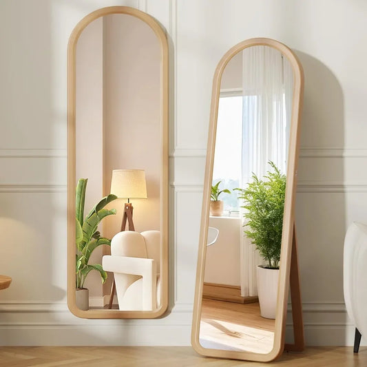63"x18" Arched Full Length Mirror with Solid Wood Frame, Wooden Floor Mirror with Stand, Leaning/Hanging Full Body Mirror