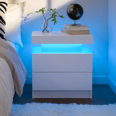 Nightstand LED Bedside Table for Bedroom Modern Night Stand with 2 Wood Drawers End Side Table for Bedroom