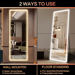 65"x22" Full Length Floor Mirror LED Whole Body Mirror, Wall Mounted Hanging Mirror with Lights, Makeup Vanity Mirror, Bedroom
