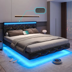 King Size Floating Bed Frame with LED Lights & USB Ports, Faux Leather Upholstered Platform Bed