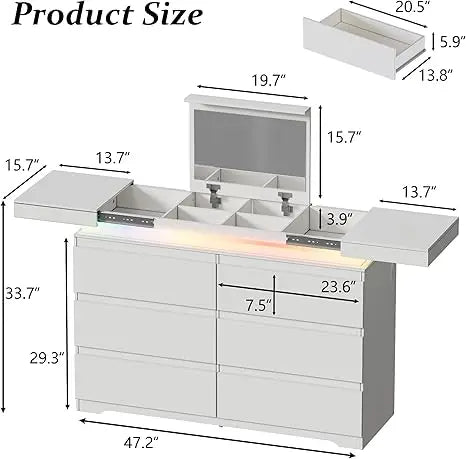 Dresser with LED Lights for Bedroom,8 Drawer Dressers with Tempered Glass Top,Chests of Drawers with 2 Grid Drawer,Living Room
