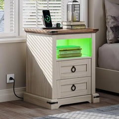 Nightstand with Charging Station, 2 Drawers Night Stand for Bedroom, LED End Table Side Table w/Open Shelf, Off White+ Grain