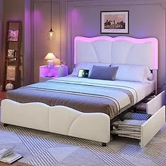 MSmask Queen Bed Frame with 4 Storage Drawers and LED Lights, Velvet Upholstered Platform Bed Frame with Height Adjustable Headb