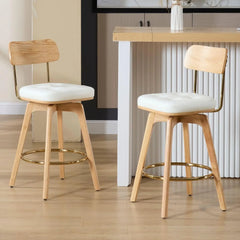 PU Leather Swivel Counter Stools Set of 2, Modern Button Tufted 26" Seat Height Low Bar Stools with Wooden Legs Upholst