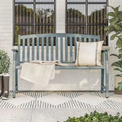 52" Farmhouse Outdoor Bench, Garden Bench with Faux Wood Grain Finish Frame and Aluminum Backrest, for Front Porch