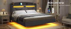 Queen Bed Frame with Drawers, LED Bed Frame with Charging Station, Pu Leather Platform Bed Frame Queen Size with Storage