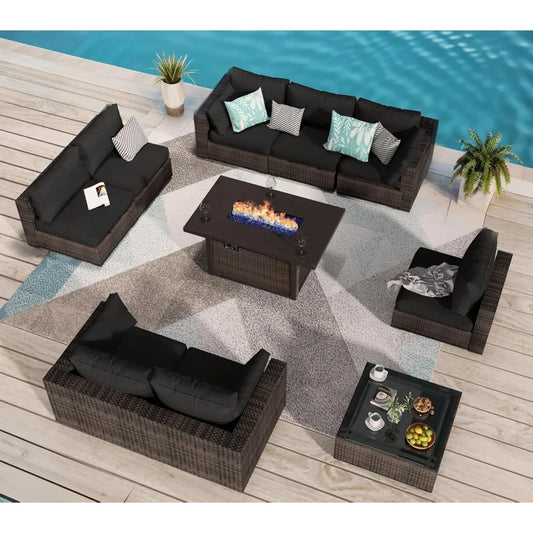 10 Piece Patio Furniture Set with 42In Fire Pit Table， Outdoor Furniture Sets Rattan Sectional Couch Outdoor Chairs