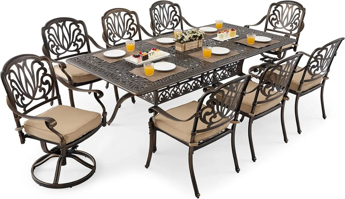 9 Piece Outdoor Dining Set, Cast Aluminum Retro for 8 Includes 86.6’’ Rectangular Table with and Umbrella Hole, Patio Dining Set