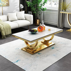 47" White Faux Marble Coffee Table with Gold Stainless Steel Base – Modern Luxury Center Table