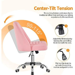 Mid Back PU Leather Armless Desk Office Chair, Modern Comfy Vanity Chair with Rolling Wheels, Metal Base Pink