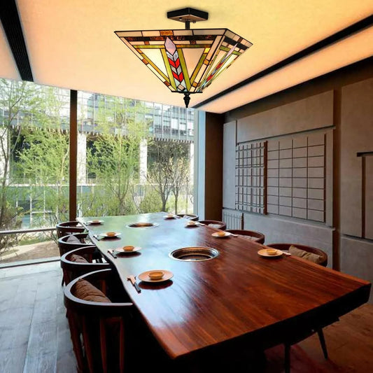 Tiffany Semi Flush Mount Ceiling Light Mission Style Hanging Lamp 2-Light 14" Wide Stained Glass Pendant Light for Dining Room