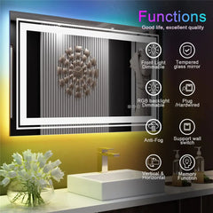 LED Bathroom Mirror Rectangular Wall Vanity Mirror Dimmable with 8 RGB Backlit 3 Front Color Anti-fog, Memory