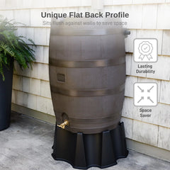 50 Gallon Flat Back Rain Barrel Polyethylene Rainwater Collection System with Durable Brass Spigot UV Resistant Garden Watering