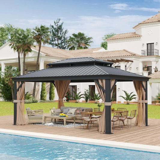12'x18'Patios Double Roof Canopy Aluminum Frame Outdoor Gazebo Tent Curtains Netting for Patio Backyard Deck and Lawns