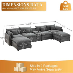 145" U Shaped Cloud Couch Sectional for Living Room, Oversized Modern Modular Sofa with Movable Ottoman, Comfy Fluffy Chenille