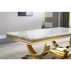 47" White Faux Marble Coffee Table with Gold Stainless Steel Base – Modern Luxury Center Table