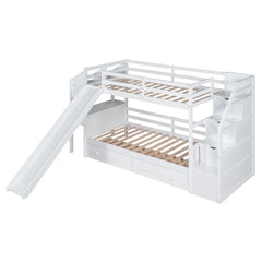 Wood Twin Over Twin Bunk Bed with Desk and Slide,Drawers Bookcase and Storage Staircase for Kids, White