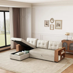 Pull-Out Couch with Storage Chaise and Armrests, Convertible Sectional Sleeper Sofa Bed with Removable Back Cushions