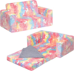 Fold Out Toddler Couch, Extra Wide Comfy 2-in-1 Cuddly Sherpa Sofa for Kids, with Removable Baby Friendly Blanket, Convertible