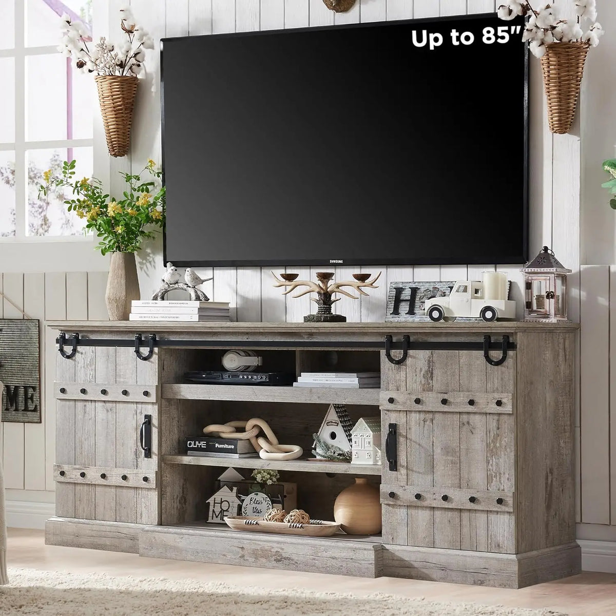 Farmhouse 75" TV Stand for 80 85 Inch TV, Rustic Media Console Table with Sliding Barn Door, Large Highboy Entertainment Center