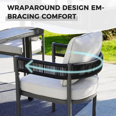 patio 7-Piece Outdoor Dining Set for 6, Fixed Patio Chairs with Thickened Cushions & 1 Rectangular Woodgrain Dining Table