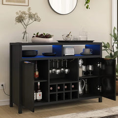 Fluted Home Bar Wine Cabinet with LED Light, Charging Station, Wine Rack - Buffet Cabinet with Storage, Coffee Bar Table