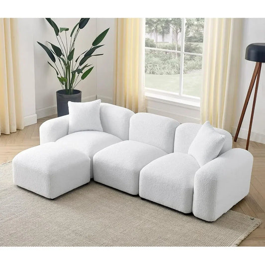 94” Boucle Fabric L-Shaped Sectional Sofa with Ottoman, 3-Seater Modular Bubble Couch