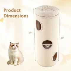 4 Story Cat Tree Condo, 49” Barrel-Shaped Cat House with Detachable Sisal Scratching Board, 3 Hideaways & Removable Soft Top
