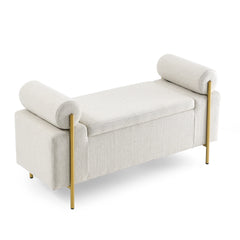Elegant Upholstered Linen Storage Bench with Cylindrical Arms & Iron Legs, Beige, for Hallway, Living Room, Bedroom